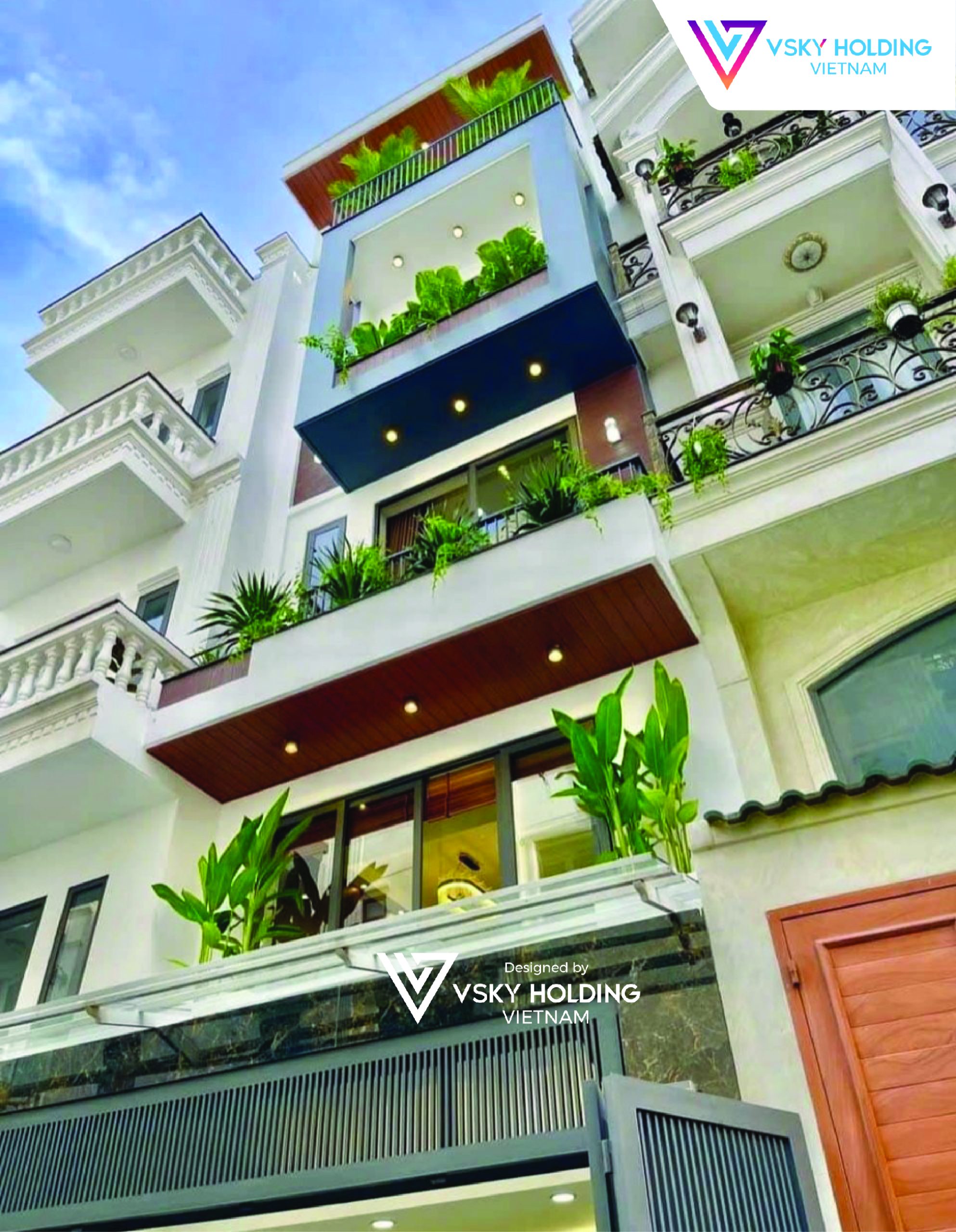 Xây dựng công trình nhà ở 4 tầng đơn giản, thiết kế ban công với tiểu cảnh xanh mát